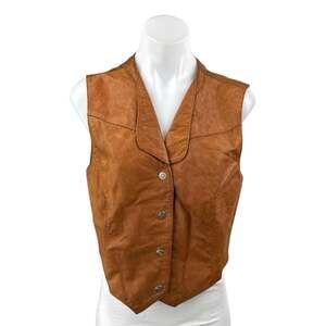 Wilsons Tan Brown 100% Leather Sleeveless Cowgirl Button Up Vest Jacket Size M